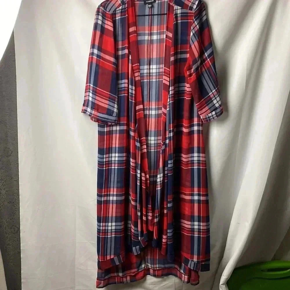 TORRID WO‎ SIZE 0/00 (10/12) LONG NAVY RED PLAID. SHEER OPEN FRONT DUSTER - Picture 3 of 10